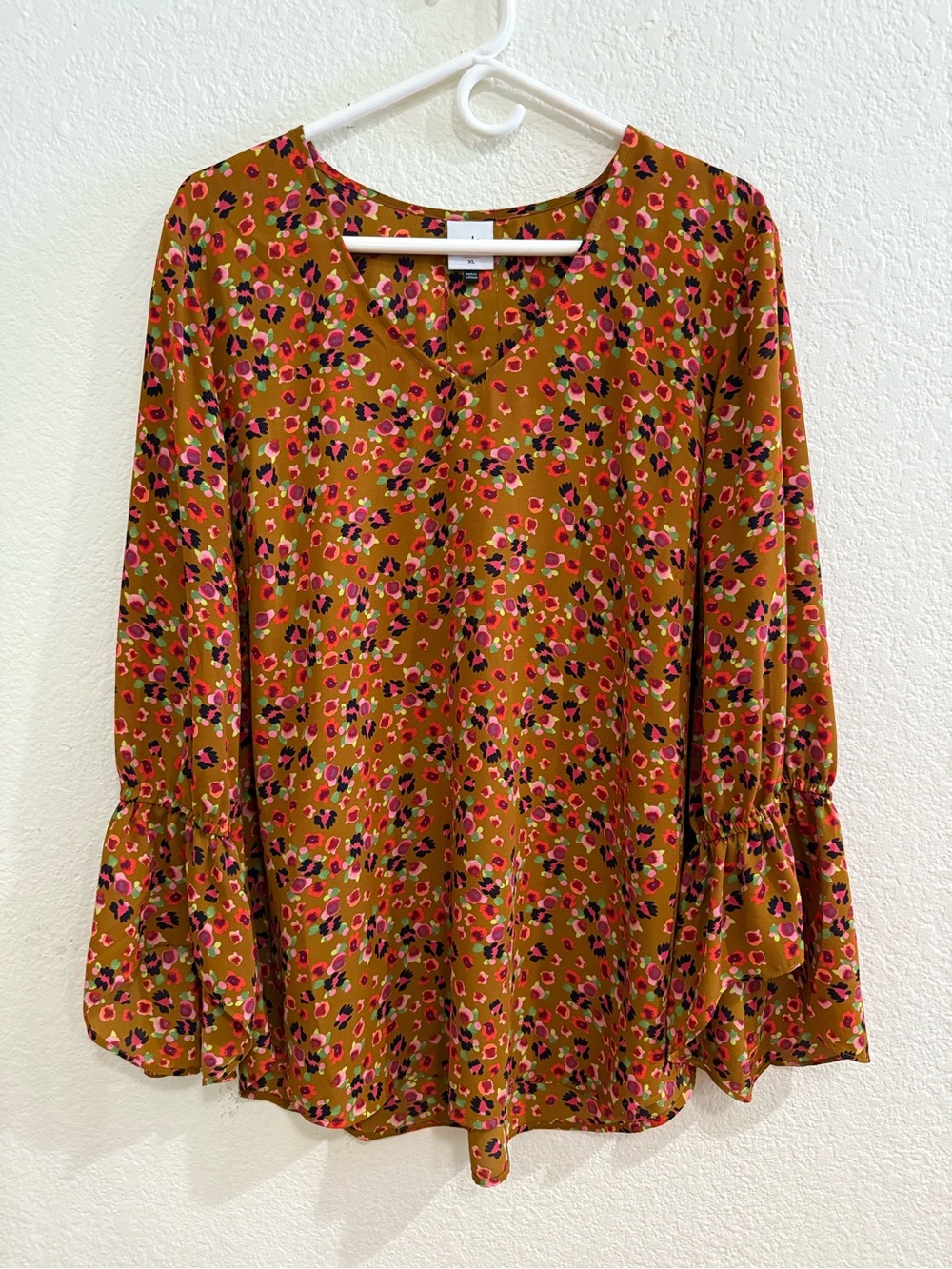 CAbi Mustard Floral V-Neck Bell Sleeve Blouse